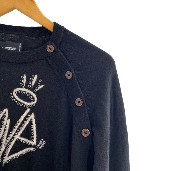 Zadig & Voltaire Women’s S Love Graphic Studded Sweater Black 100% Cashmere Goth - Picture 4 of 9